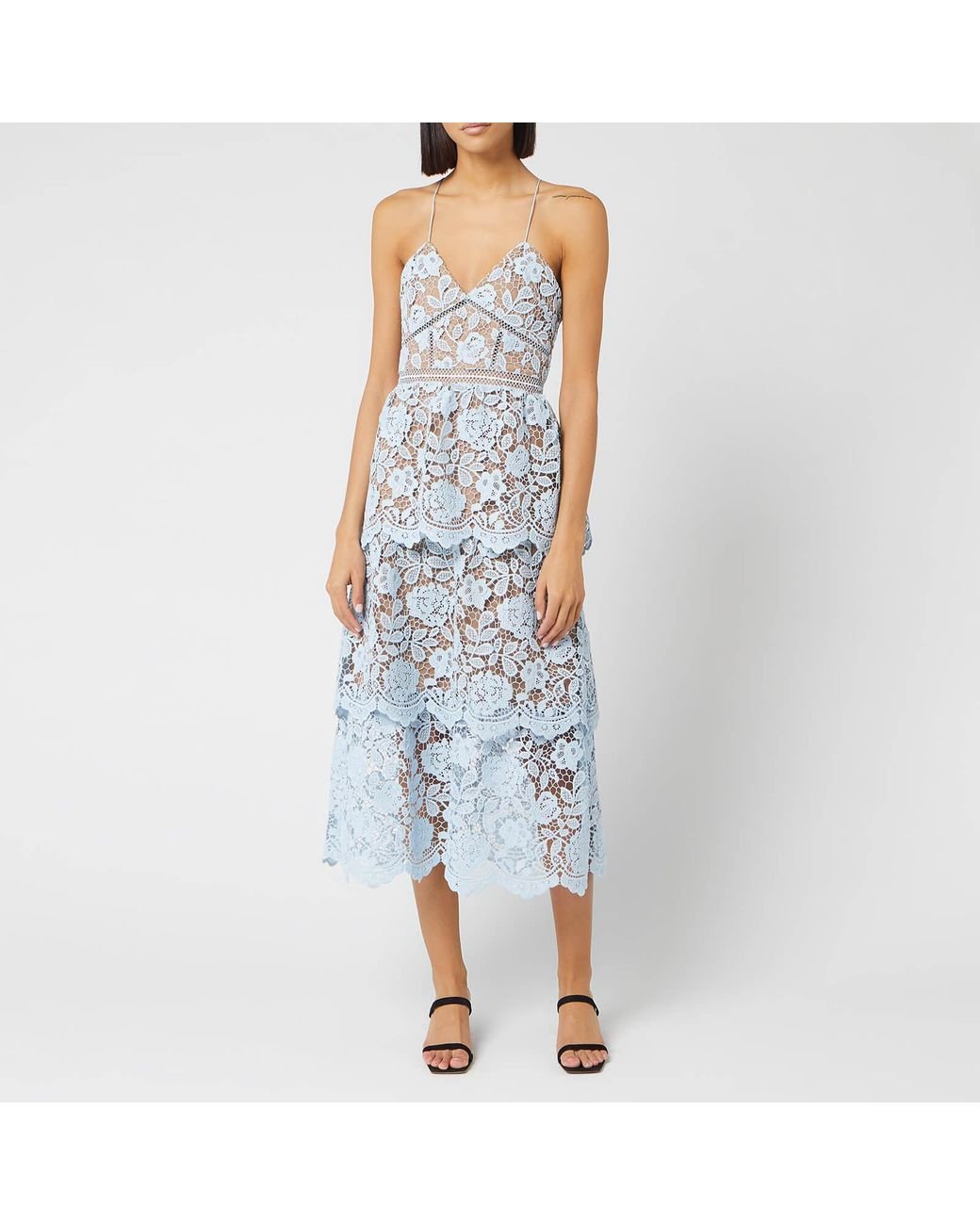 Self Portrait Flower Lace Midi Tiered Dress In Blue Lyst 9655