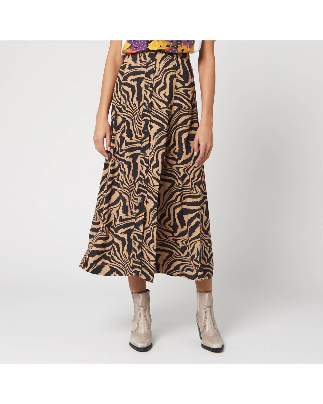 Ganni Printed Crepe Zebra Midi Skirt in Brown | Lyst Australia