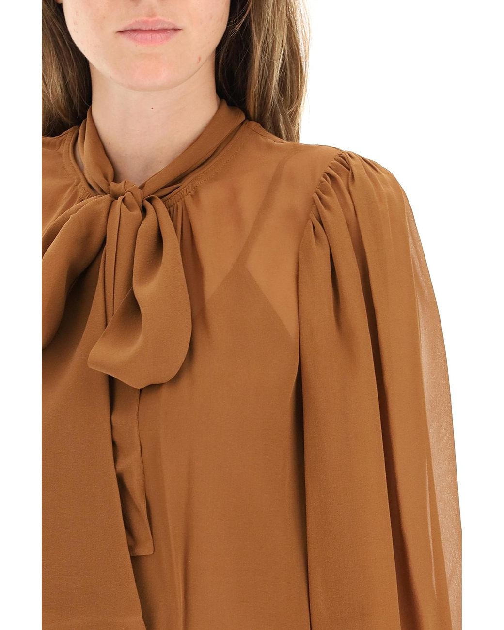 Tory Burch Silk Chiffon Blouse With Bow, 3d-print Pattern in Brown 