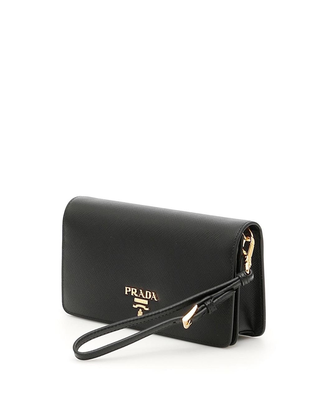 Prada Saffiano And Leather Wallet With Shoulder Strap - Black