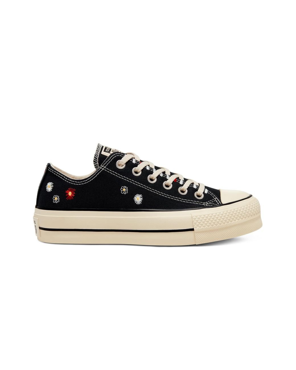 All star low platform trainers black natural ivory black embroidered flower Clearance