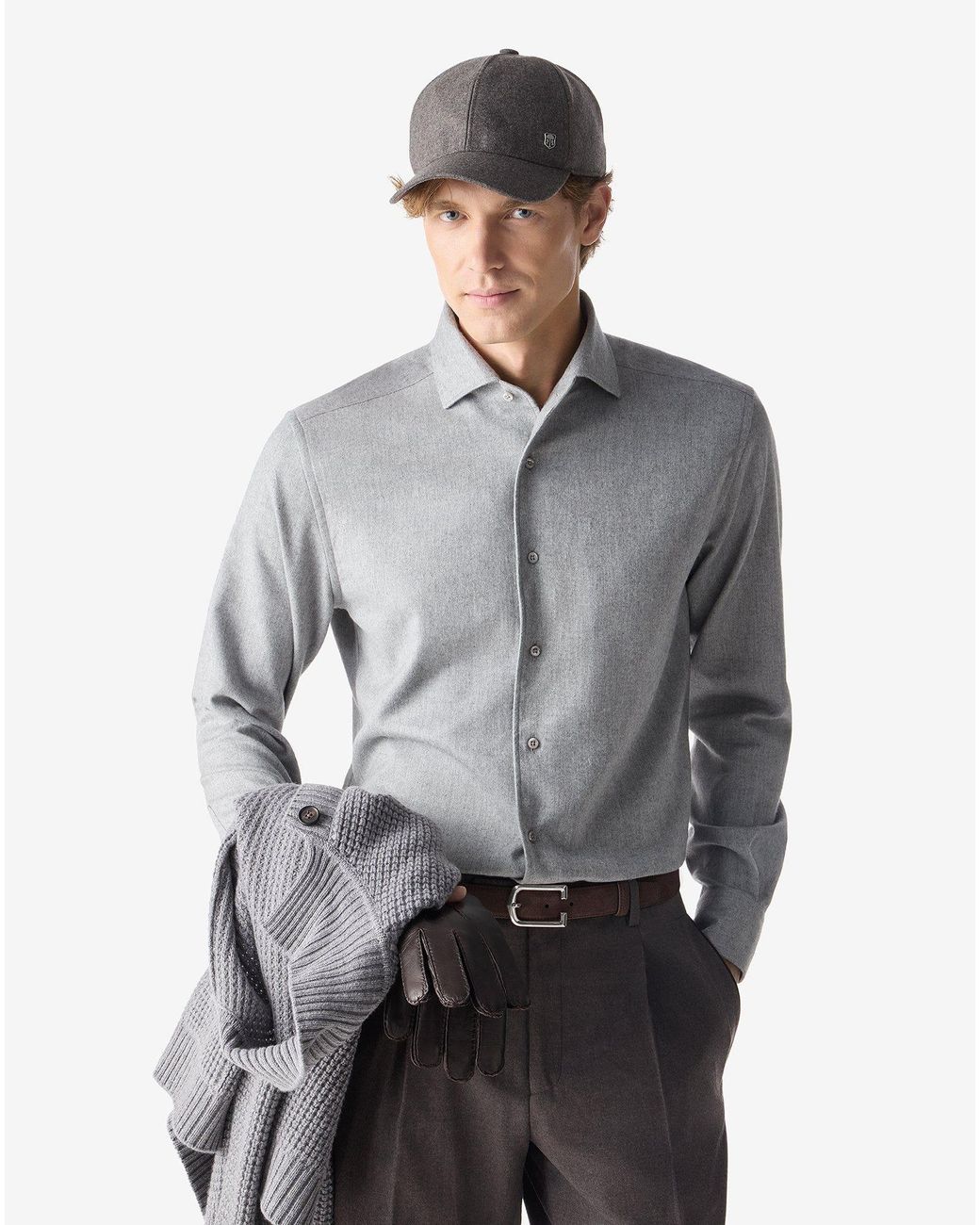Corneliani Gray Light Melange Cotton Flannel Shirt With Diagonal Design for men