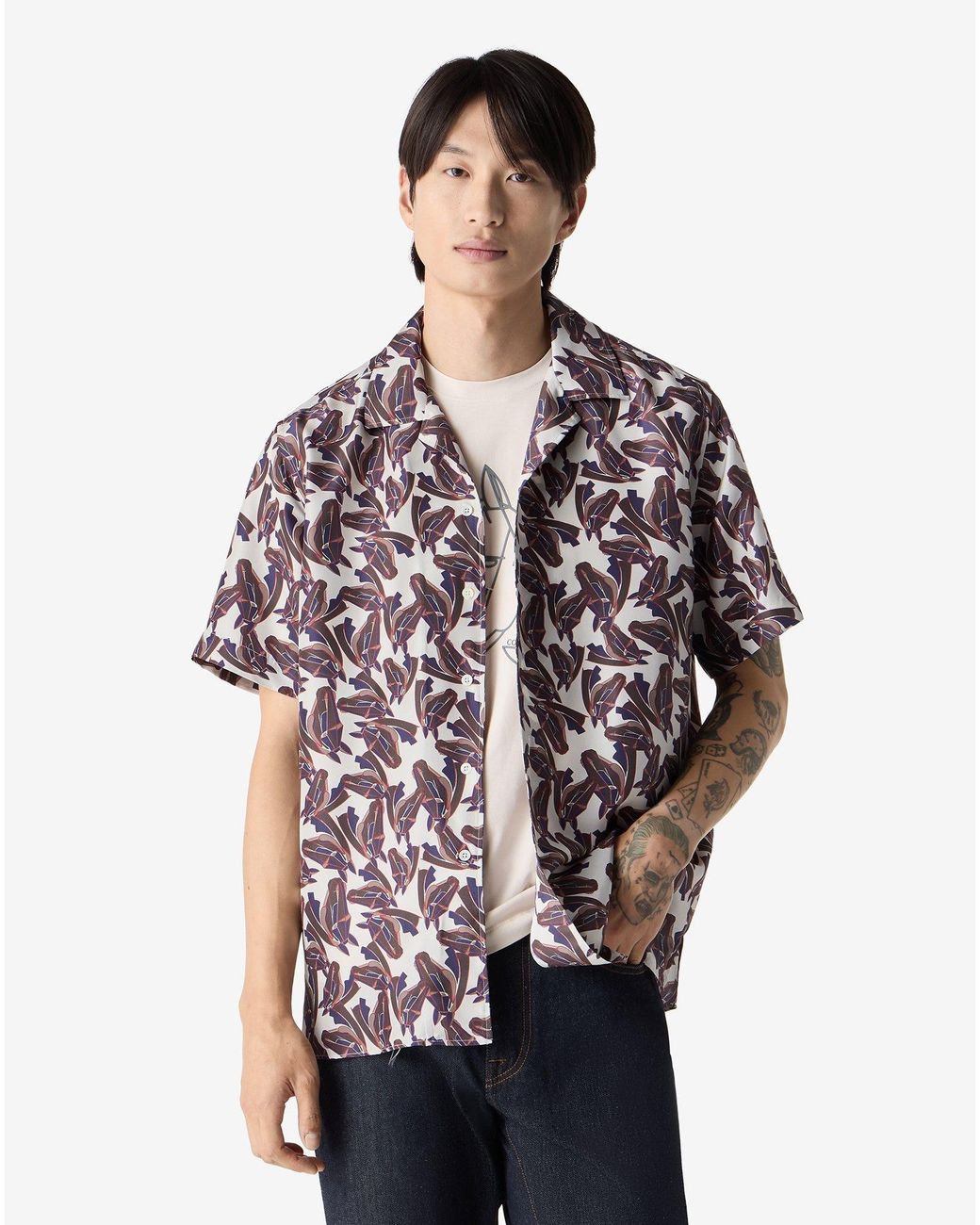 Corneliani White Printed Silk Short Sleeve Shirt for men