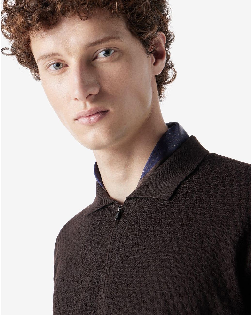 Corneliani Black Dark Pure Merino Wool Zip-Up Polo Shirt for men