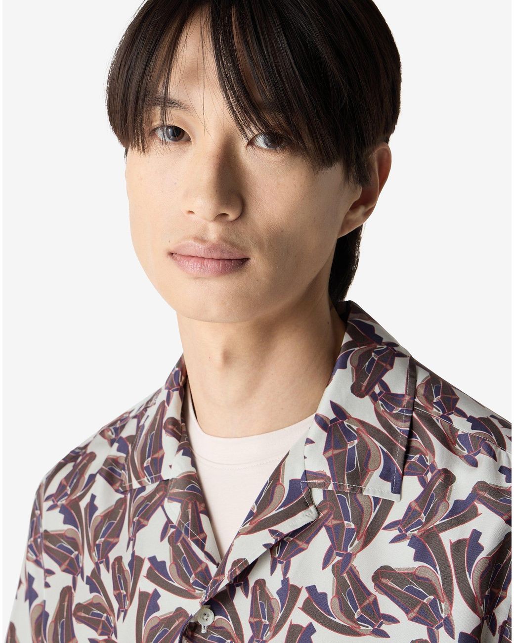 Corneliani White Printed Silk Short Sleeve Shirt for men