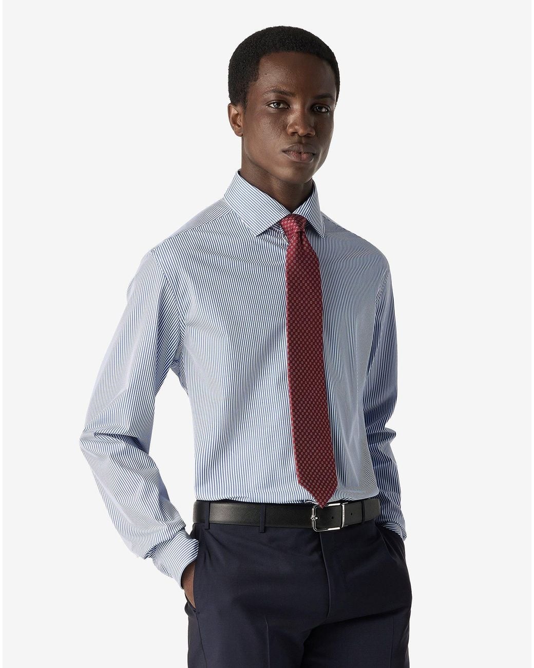 Corneliani Blue Bi-Elastic Fabric Shirt With Thin Stripes for men