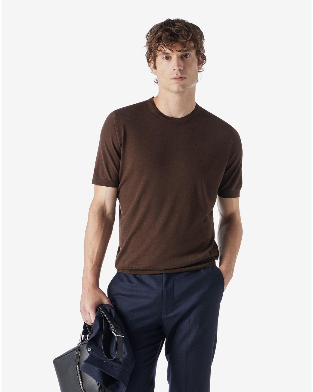 Corneliani Brown Crew Neck T-Shirt Made From Pure Wool for men