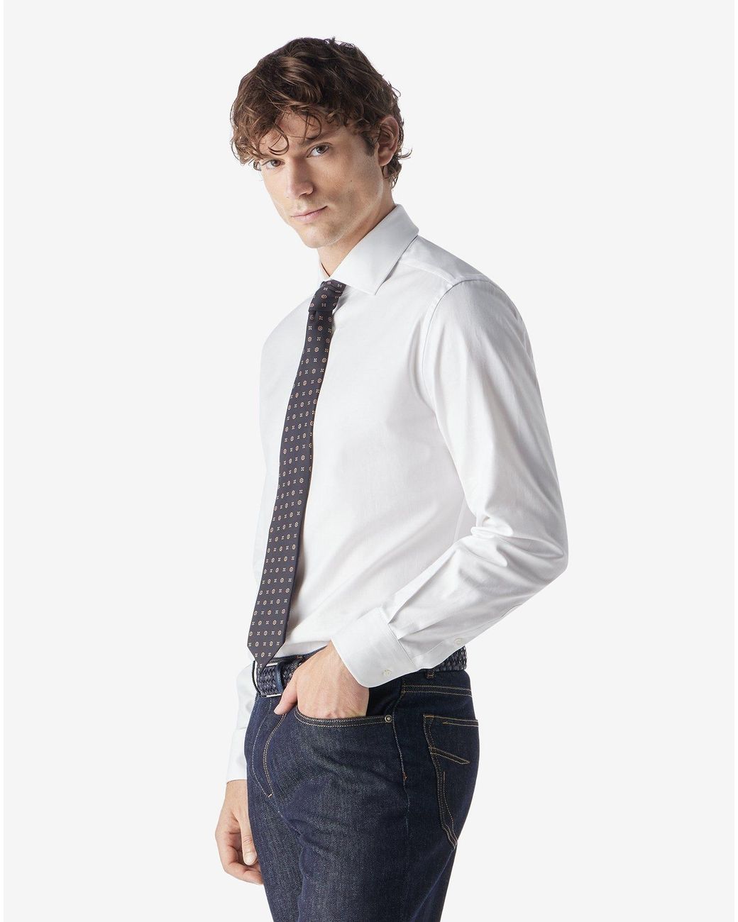 Corneliani White Textured Cotton Shirt With Herringbone Pattern for men