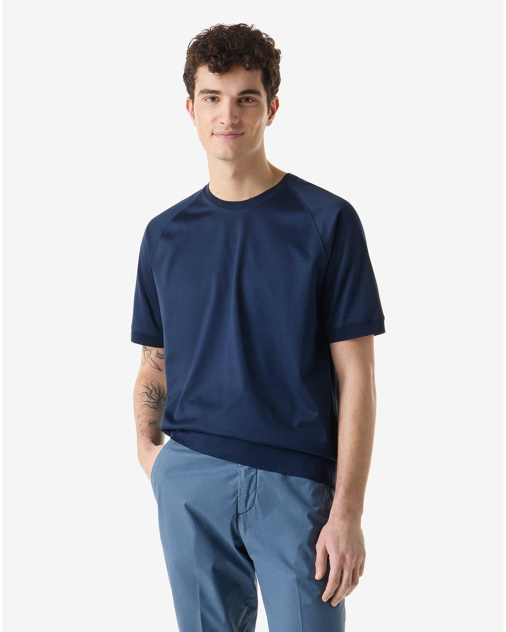 Corneliani Blue Crew Neck Ribbed Jersey T-Shirt for men