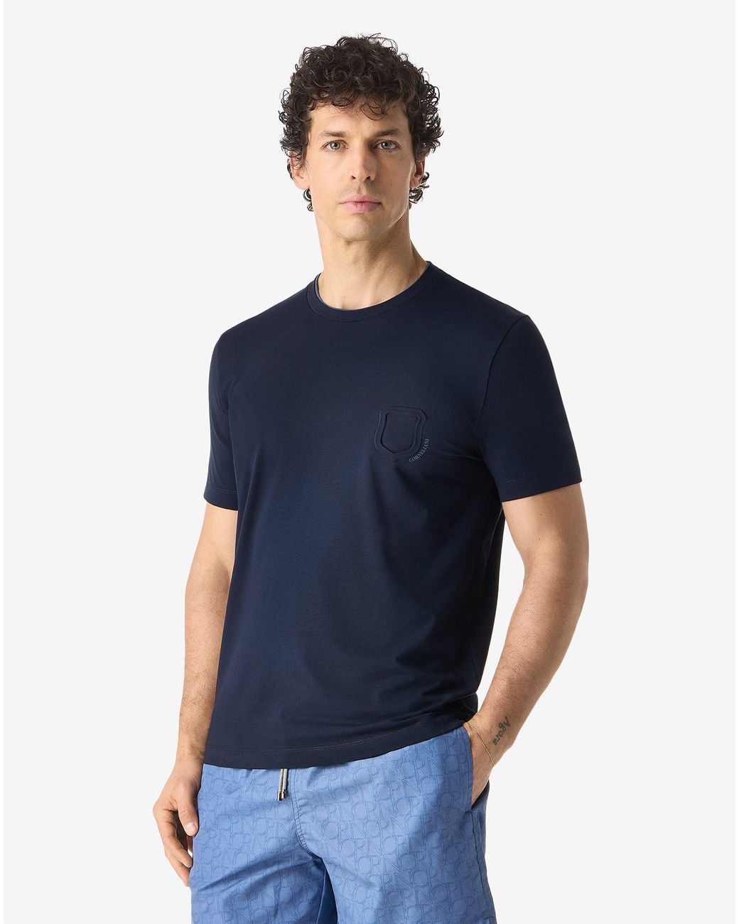 Corneliani Blue Crew Neck Stretch Jersey T-Shirt for men