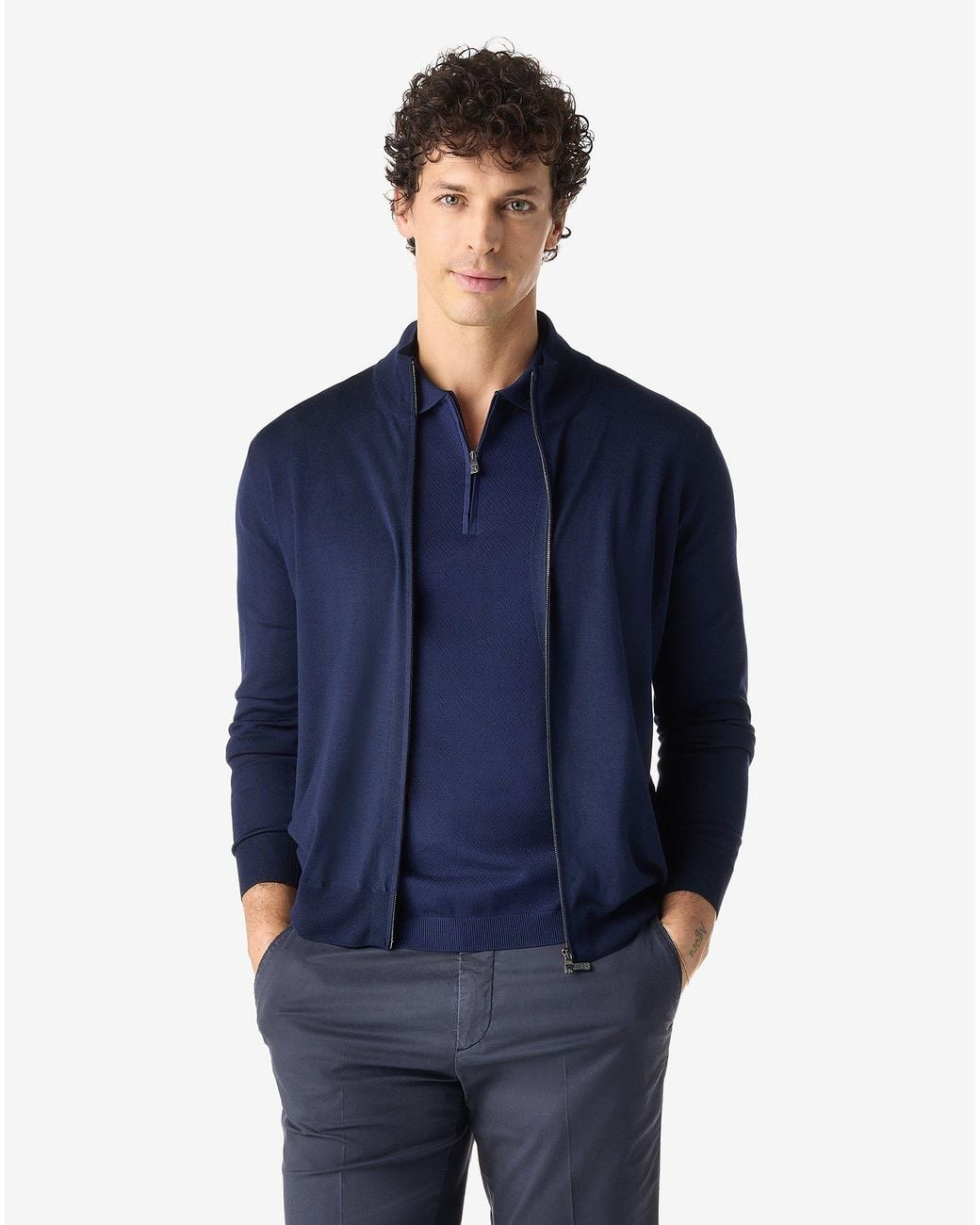 Corneliani Blue Full-Zip Pure Merino Wool Sweatshirt for men