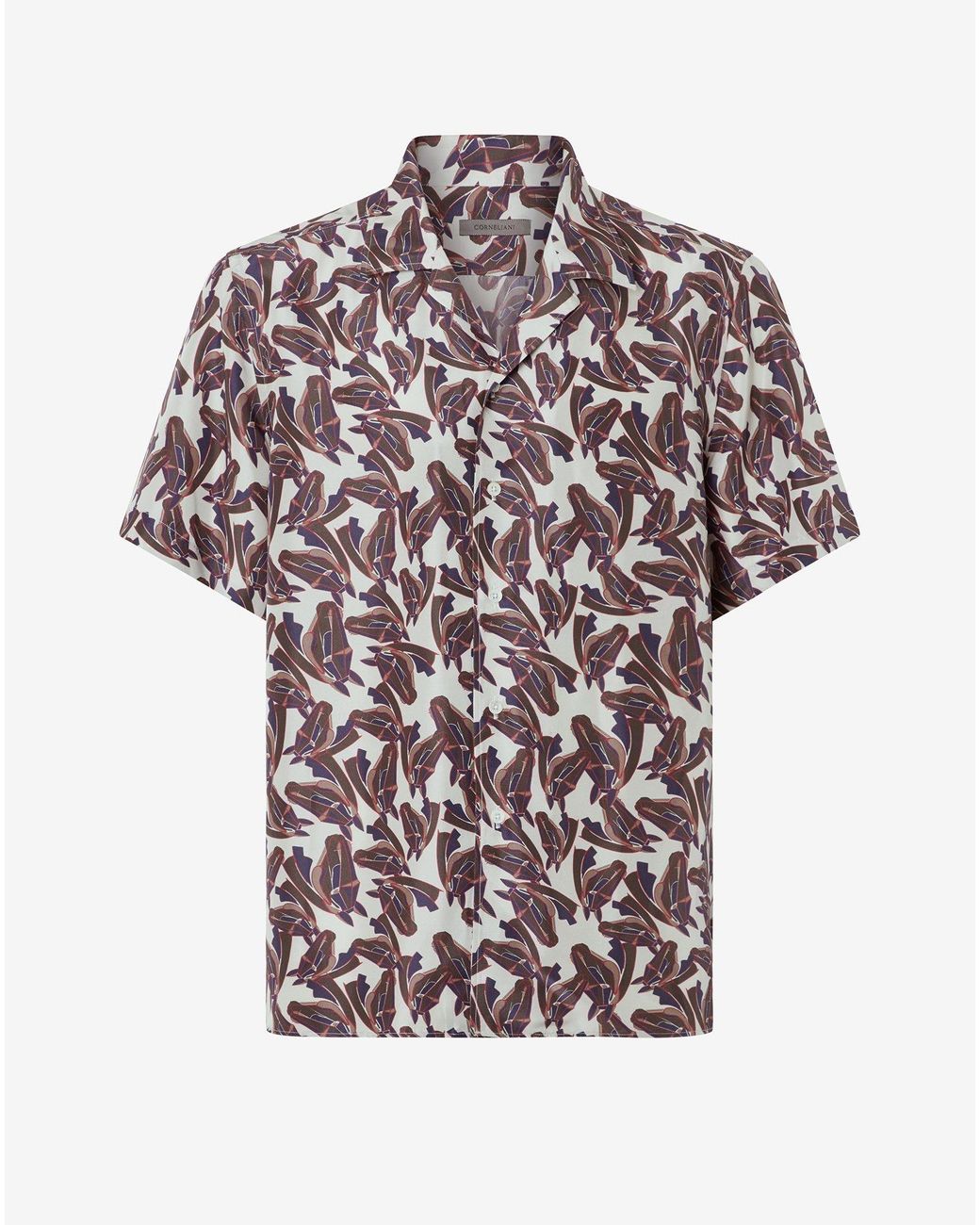 Corneliani White Printed Silk Short Sleeve Shirt for men