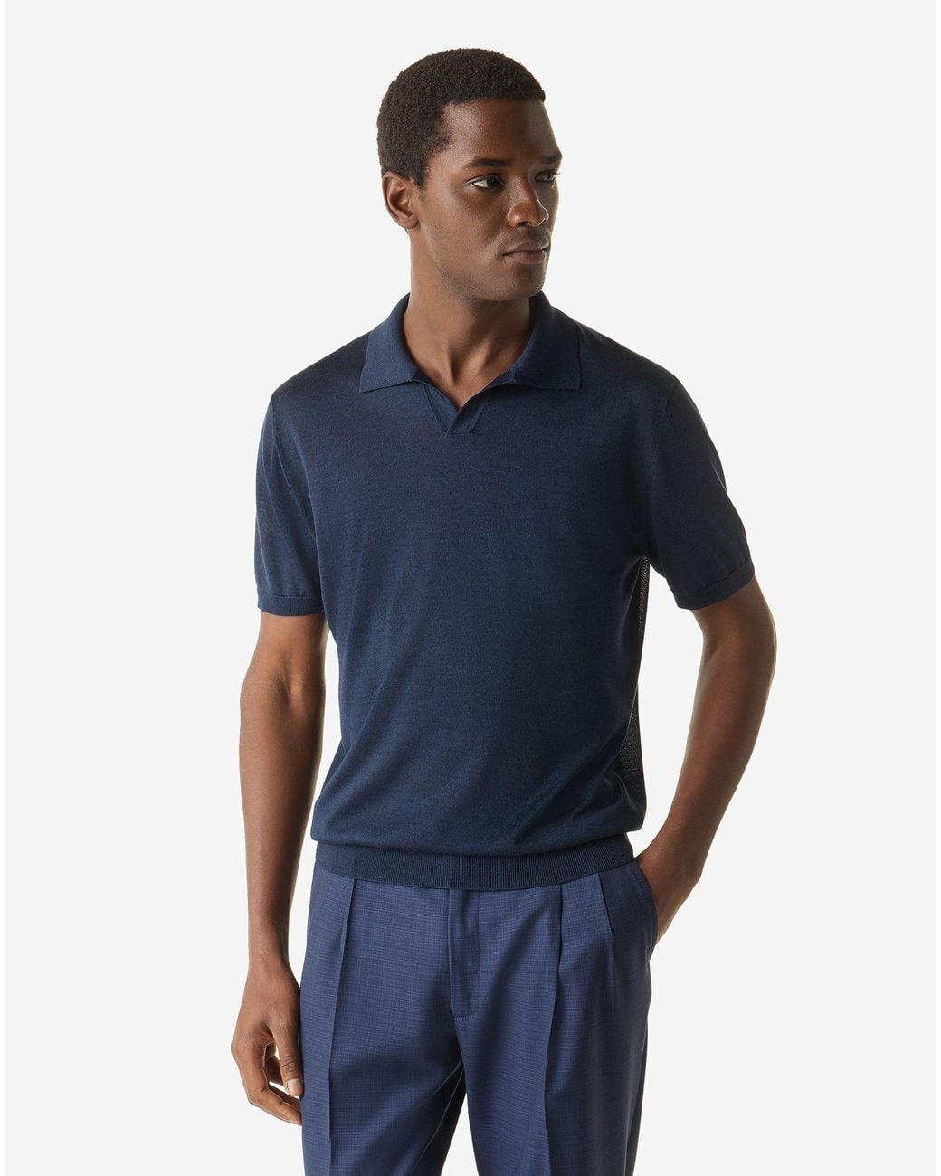 Corneliani Blue Buttonless Pure Silk Polo Shirt for men