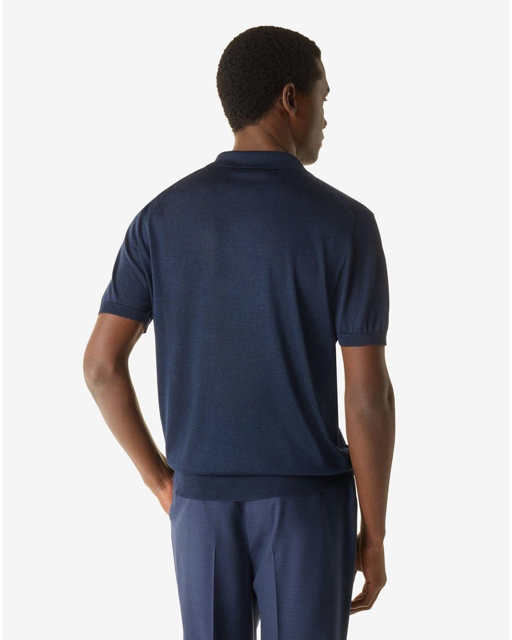Corneliani Blue Buttonless Pure Silk Polo Shirt for men