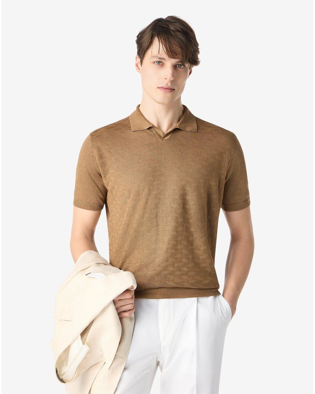 Corneliani Natural Dark Buttonless Linen Polo Shirt for men