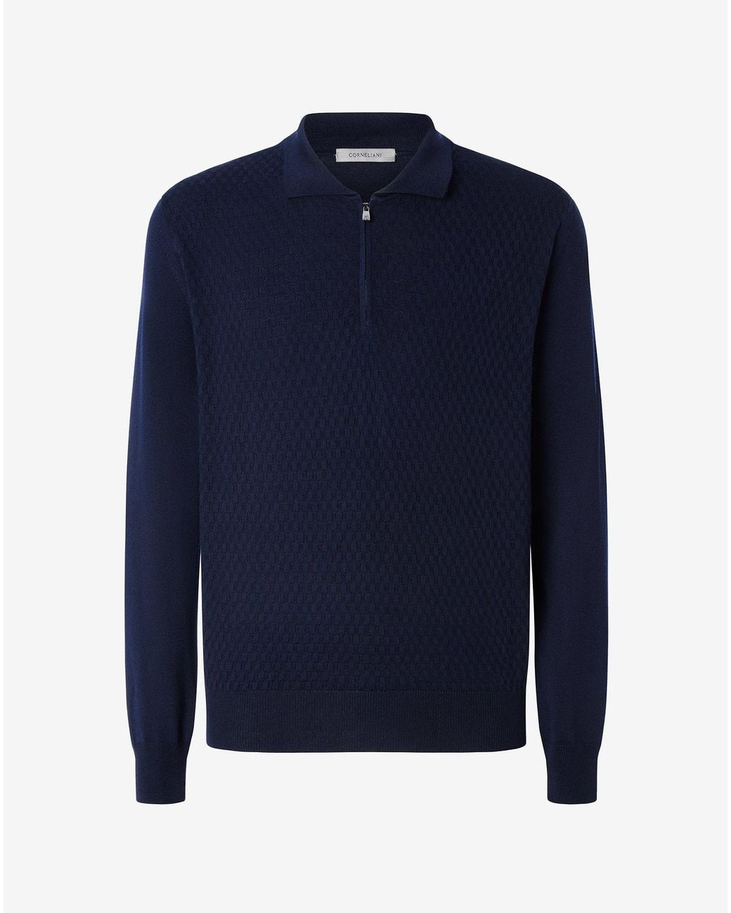 Corneliani Blue Zip-Up Pure Extra Fine Wool Polo Shirt for men
