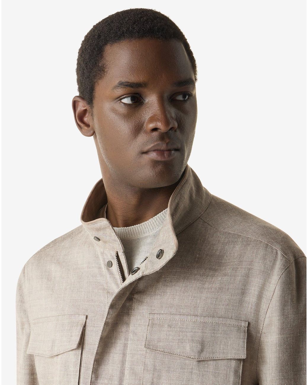 Corneliani White Sand Linen, Stretch Wool Field Jacket for men