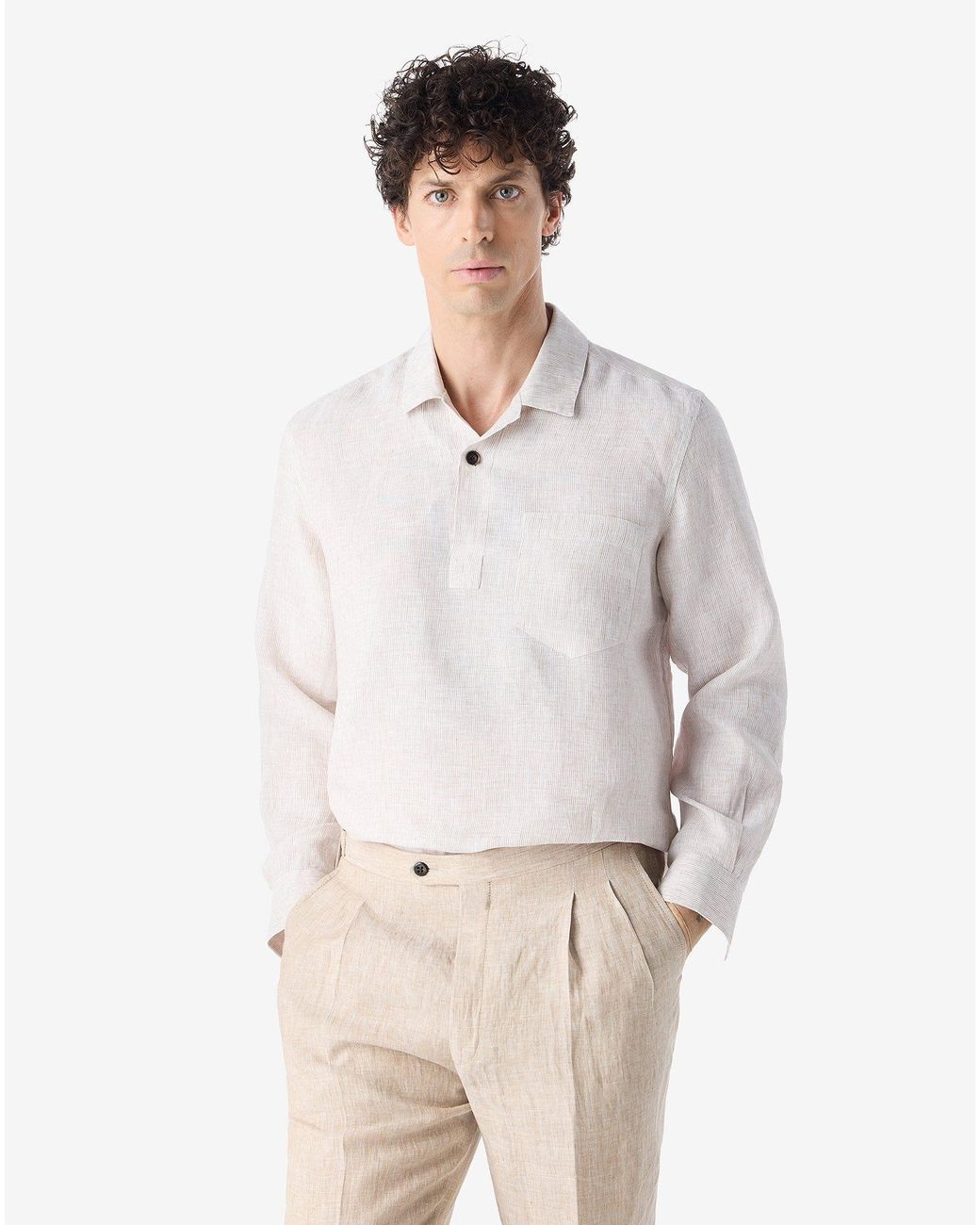 Corneliani White Pure Linen Shirt With Micro Stripes for men