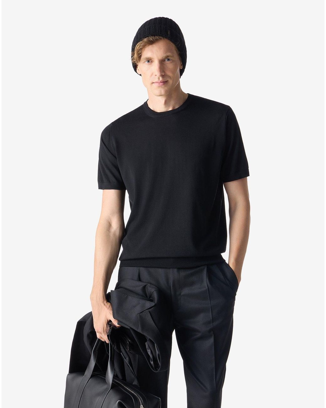 Corneliani Black Crew Neck T-Shirt Made From Pure Wool for men
