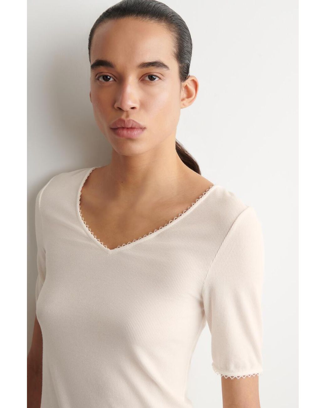 COS Natural Lace-Trimmed Ribbed V-Neck T-Shirt