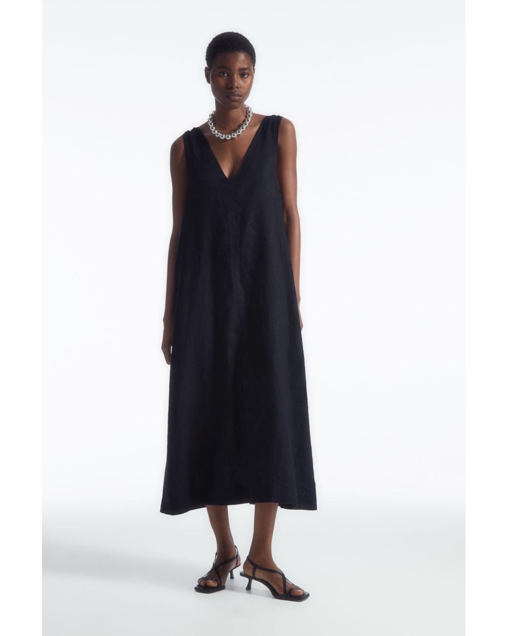 COS Bow-detail Linen Midi Dress in Blue | Lyst