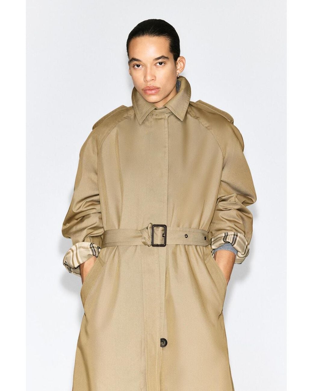 COS Natural Check-Detail Belted Cotton Trench Coat