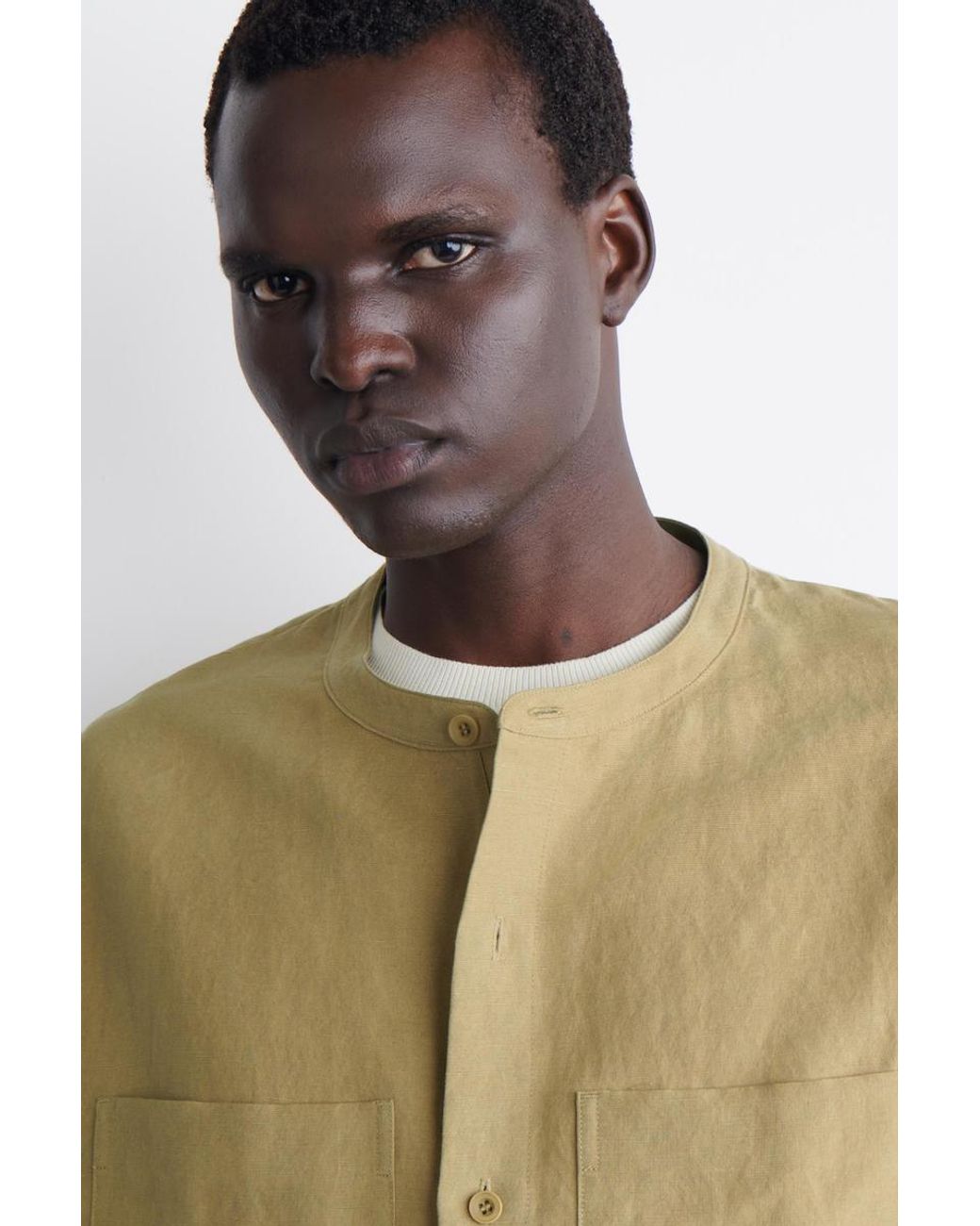 COS Green Oversized Grandad-Collar Linen Shirt for men