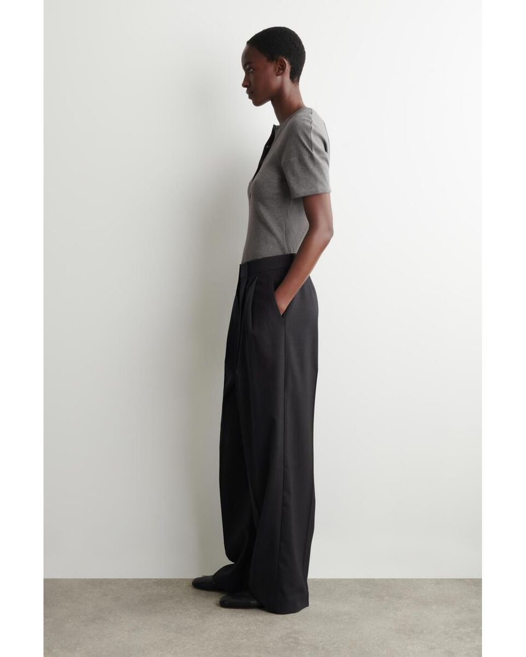 COS Gray Rounded Ribbed Jersey Henley Top