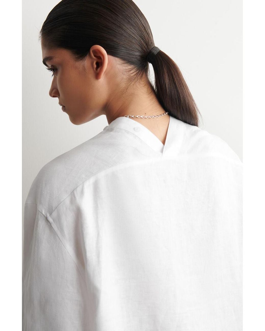 COS Blue Button-Detail Linen V-Neck Shirt