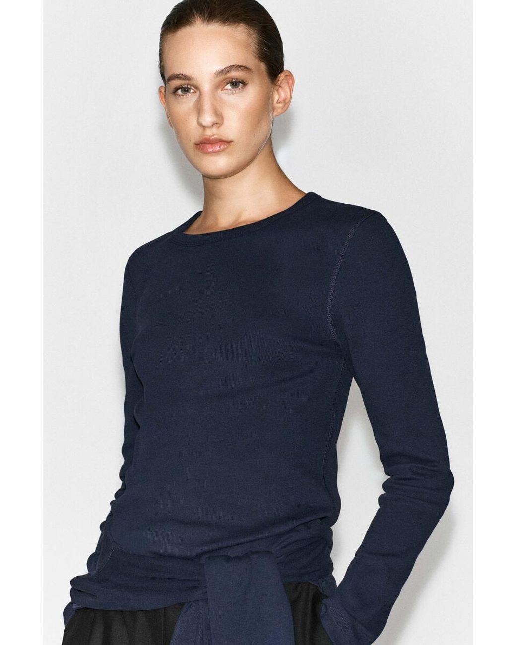 COS Blue Slim Ribbed Cotton Long-Sleeved Top