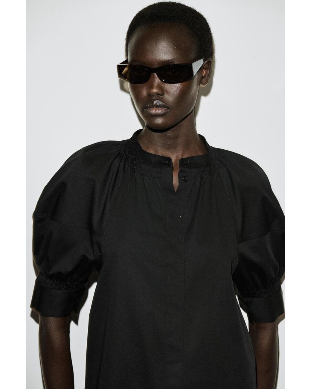 COS Black Smocked Puff-Sleeve Shirt Dress