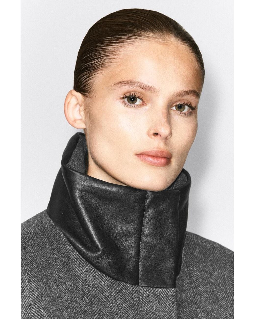 COS Black Oversized Leather-Collar Wool-Herringbone Jacket