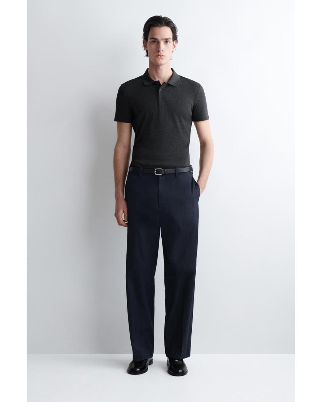 COS Black Slim Ribbed Cotton Polo Shirt for men