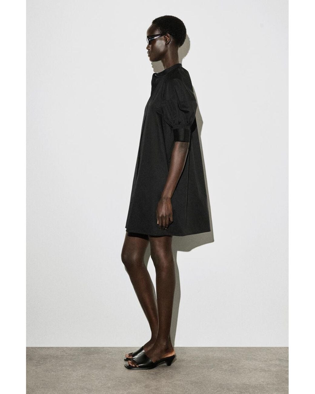 COS Black Smocked Puff-Sleeve Shirt Dress