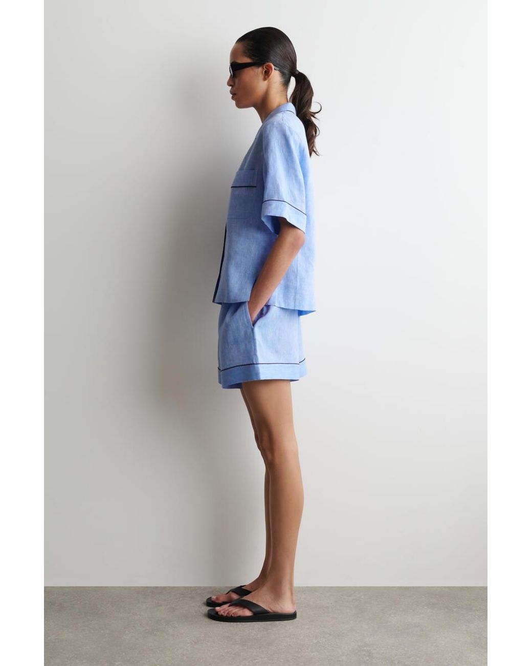 COS Blue Contrast-Piped Linen Resort Shirt