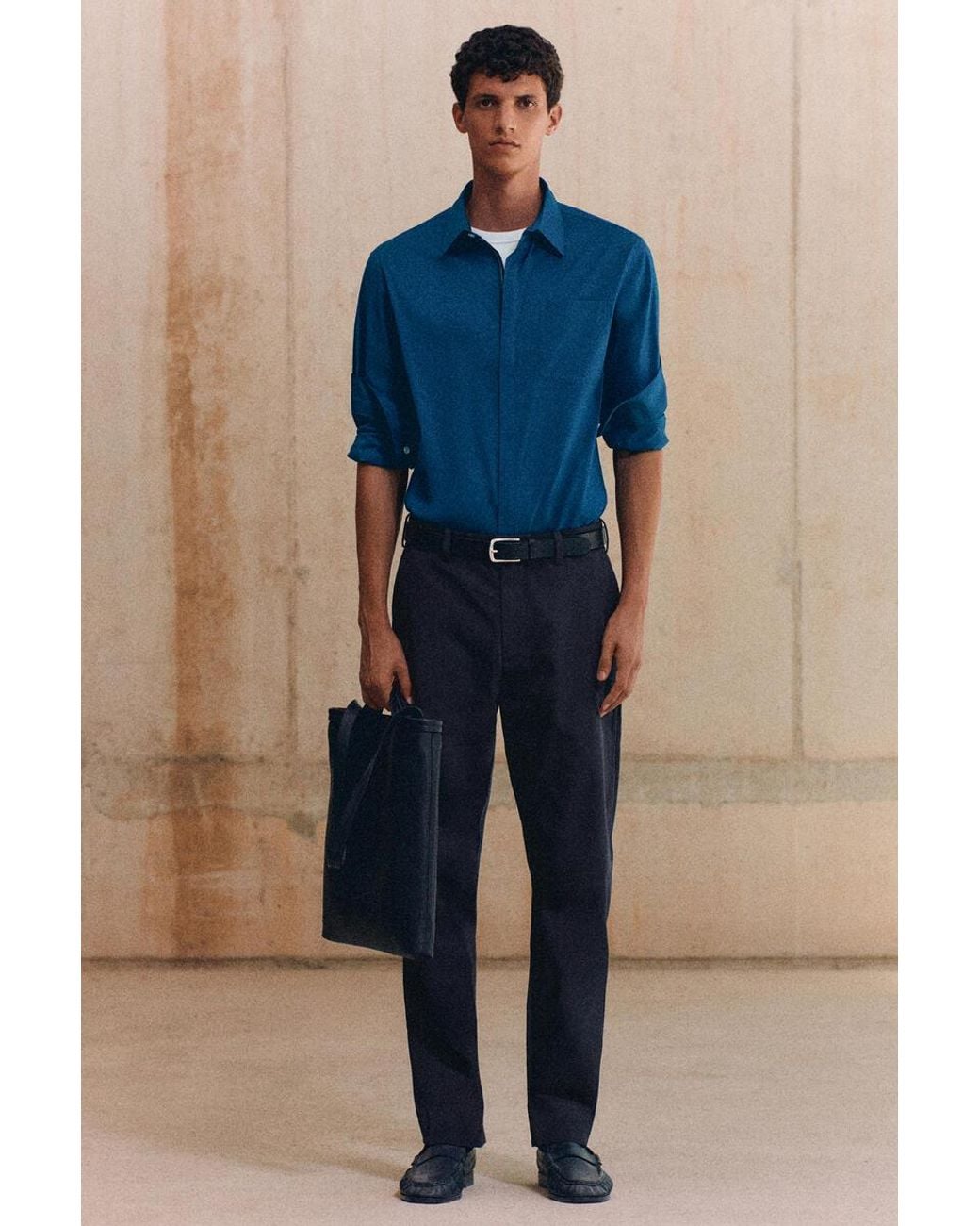 COS Blue Cotton-Blend Slim-Fit Straight-Leg Trousers for men