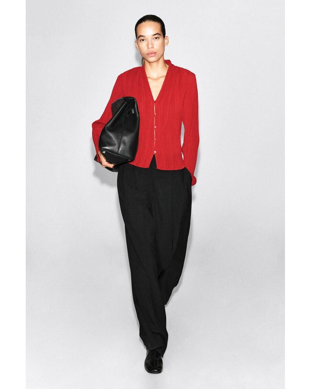 COS Red Pleated Jacquard Cardigan