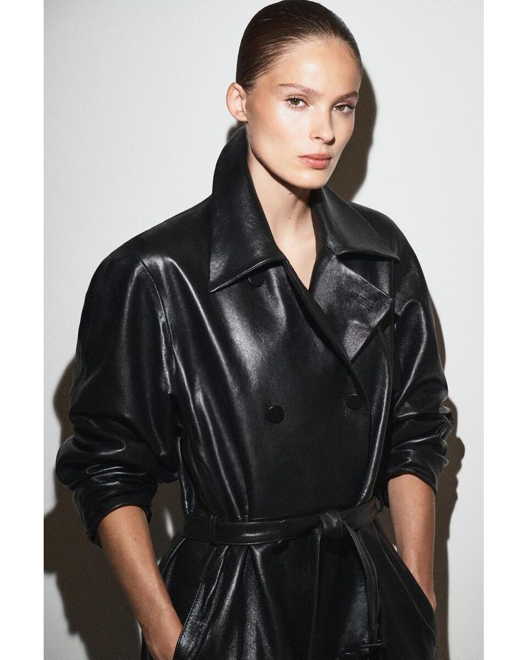 COS Black Oversized Belted Leather Long Coat
