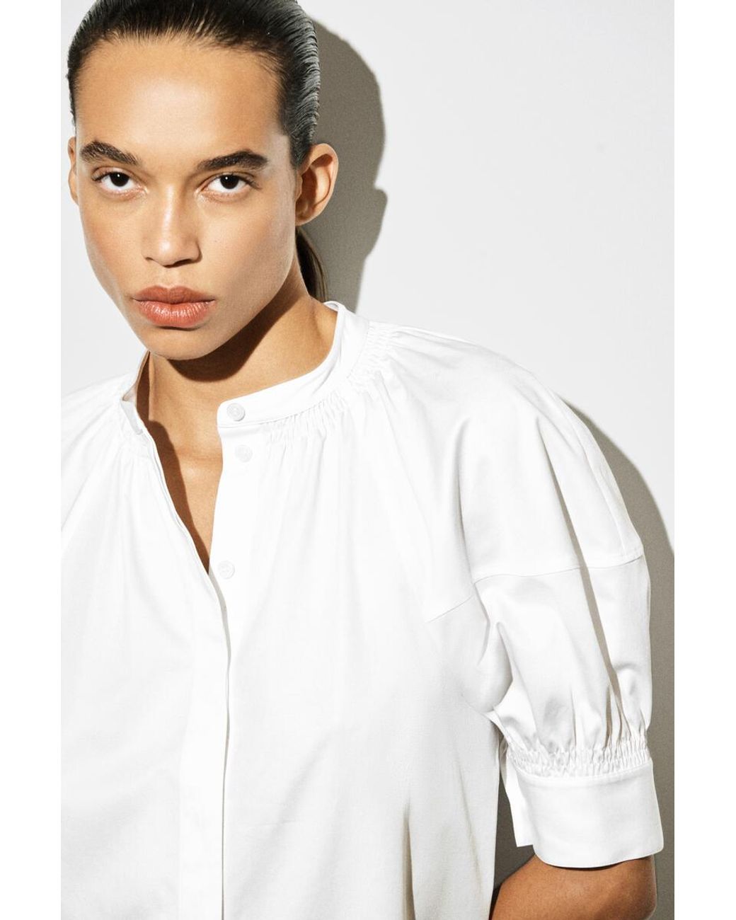 COS White Smocked Puff-Sleeve Shirt Dress