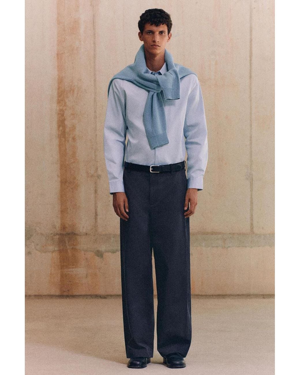 COS Blue Pleated Cotton Relaxed-Fit Wide-Leg Trousers for men