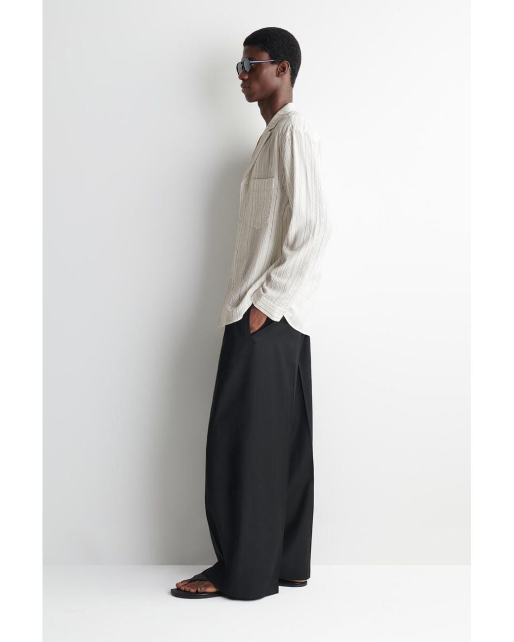 COS White Striped Textured Camp-Collar Shirt for men
