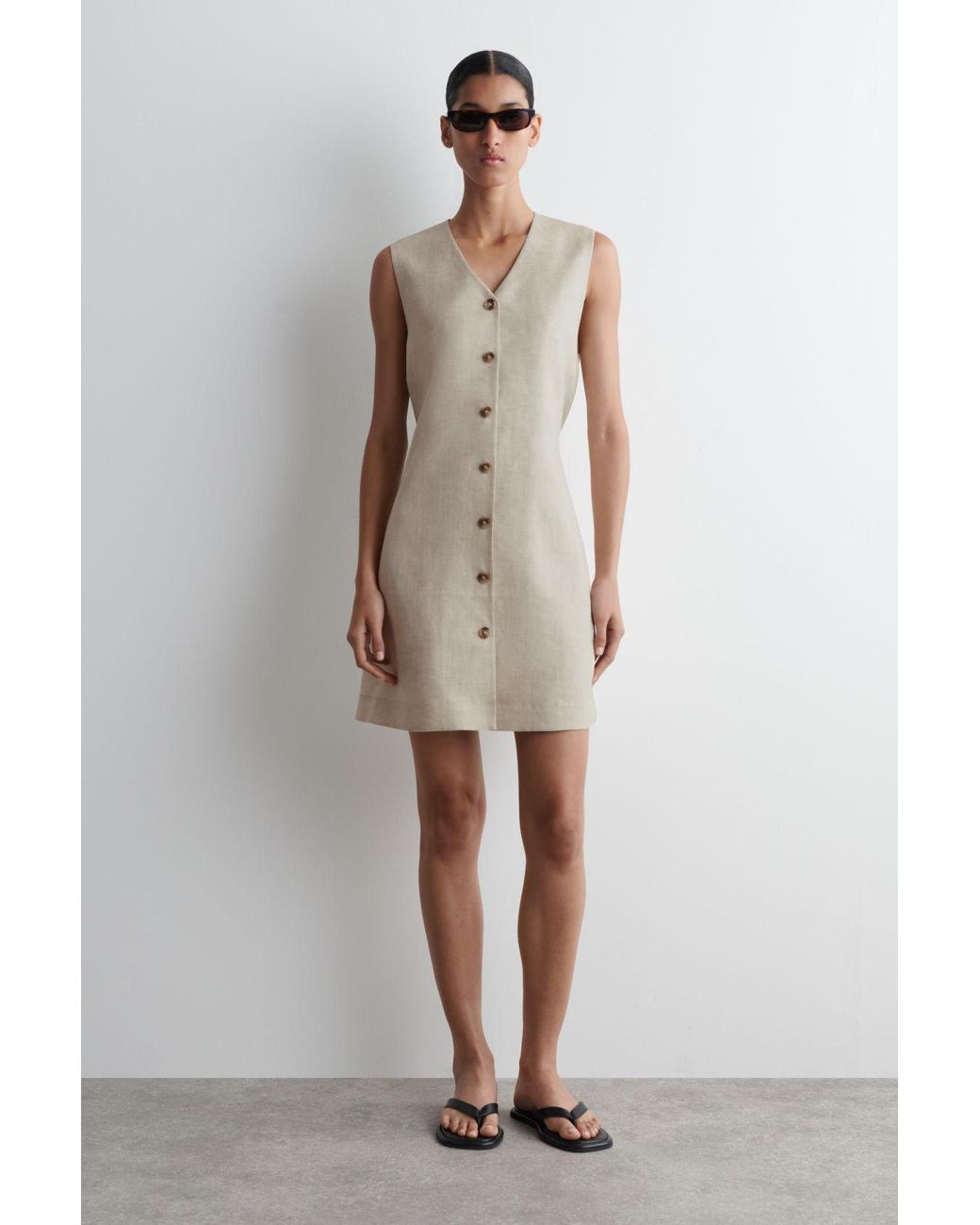 knee length dresses for ladies Women's summer Deep V- neck button down Linen midi dress 4265 – Xiaolizi main image 0
