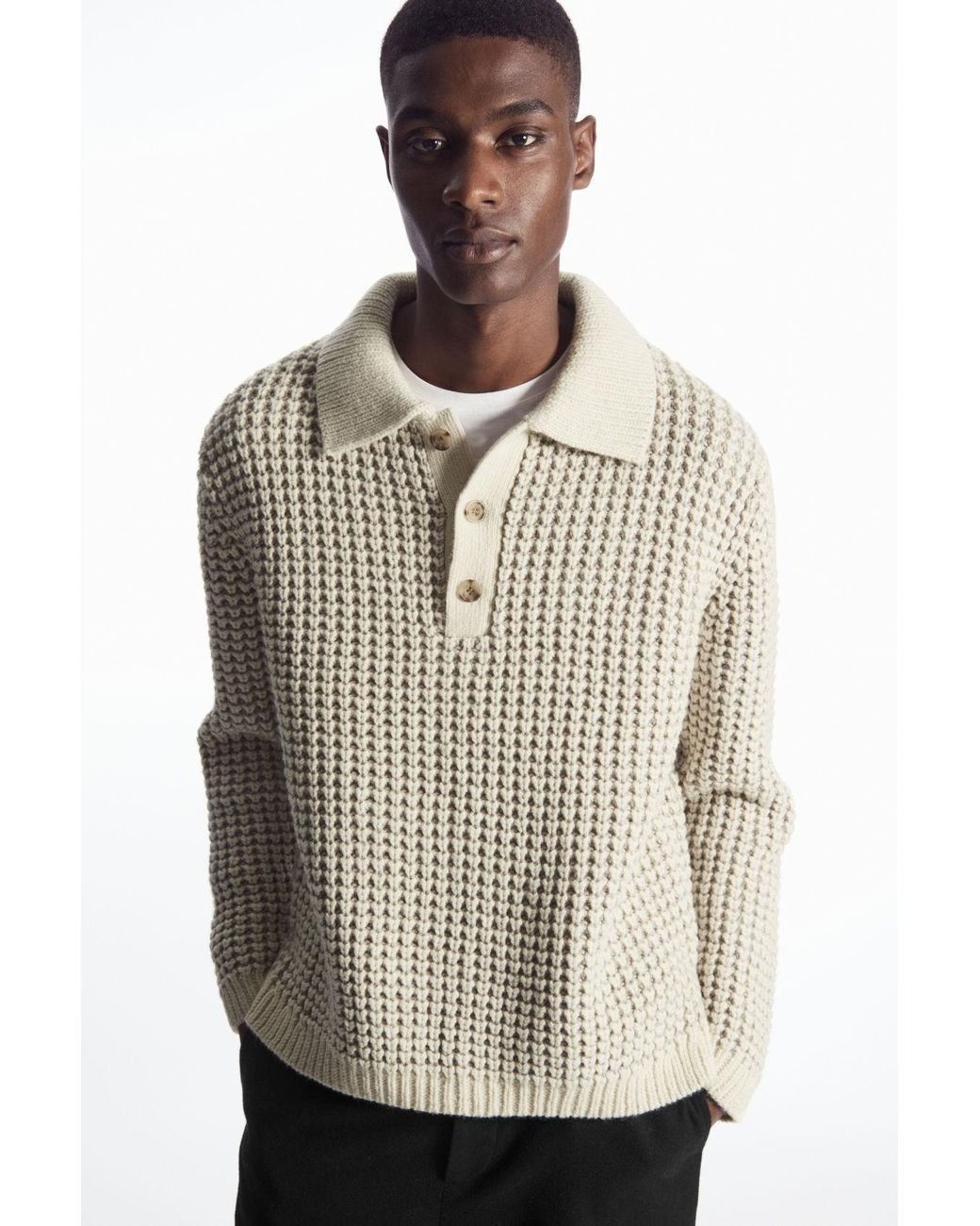 COS Two tone Waffle knit Polo Shirt in White for Men Lyst