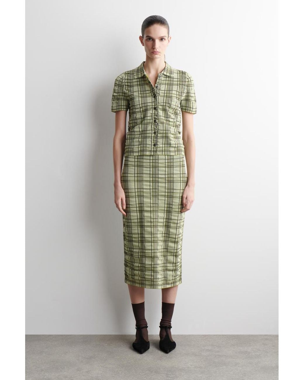 COS Green Checked Cotton-Jacquard Midi Skirt
