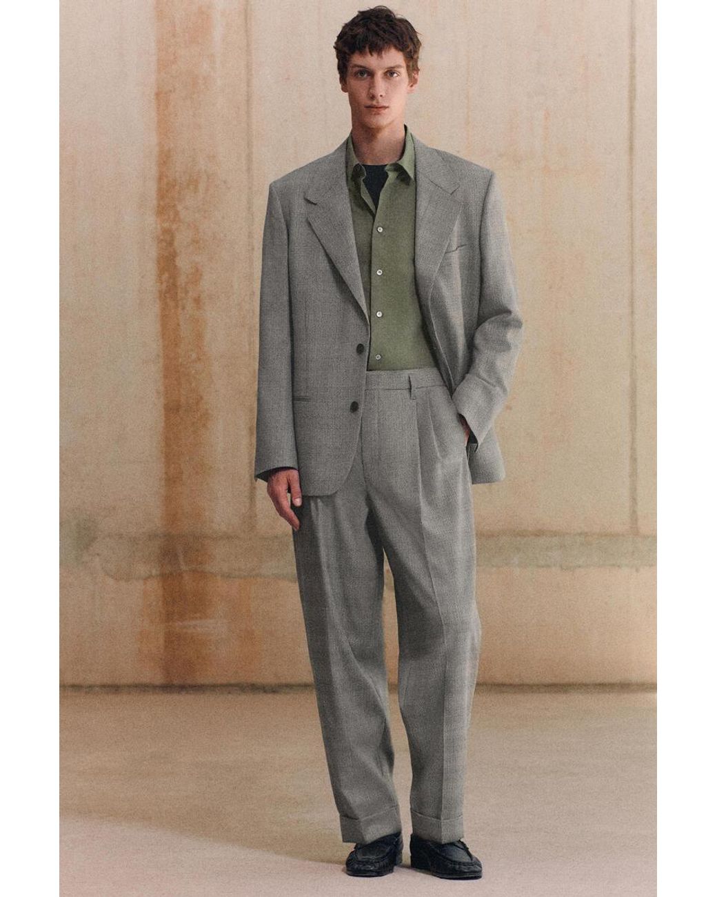 COS Gray Checked Textured-Wool Relaxed-Fit Tapered Pants for men