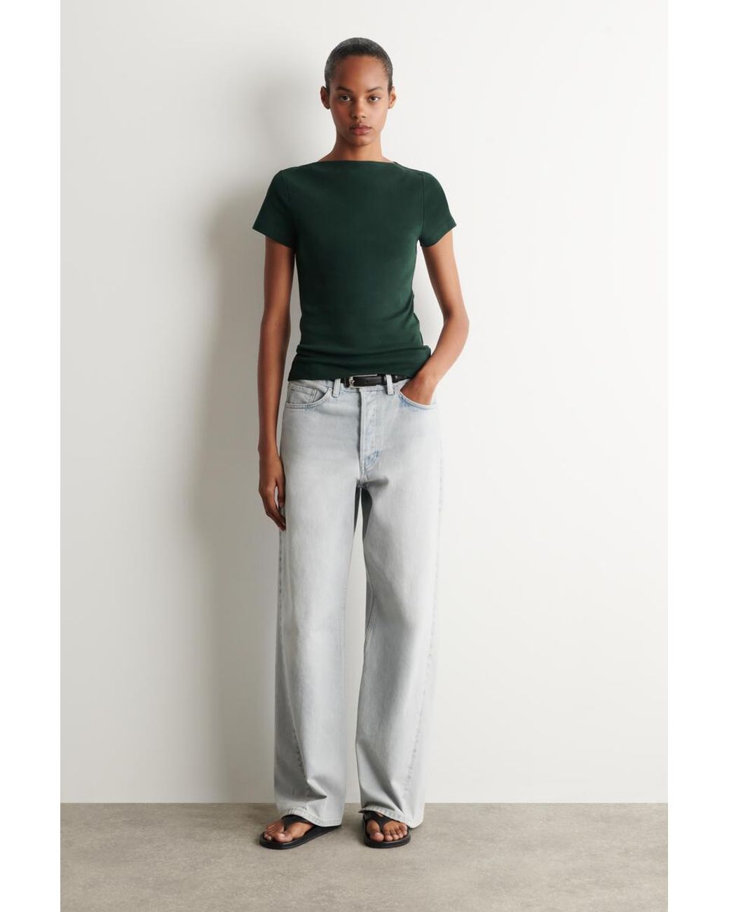 COS Green Slim Boat-Neck Cotton T-Shirt