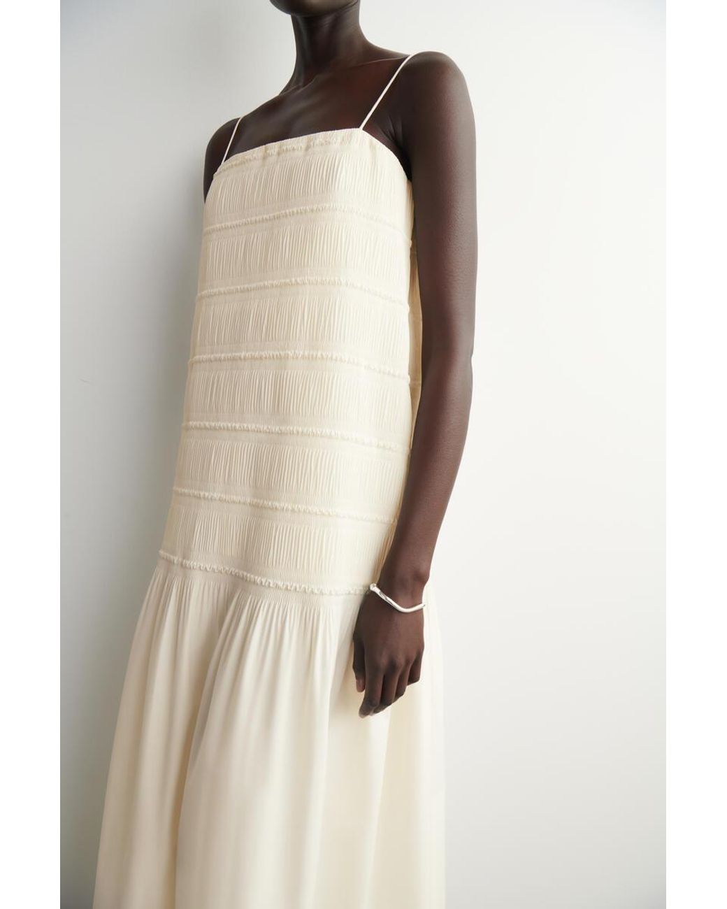COS White Ruched Dropped-Waist Poplin Midi Dress