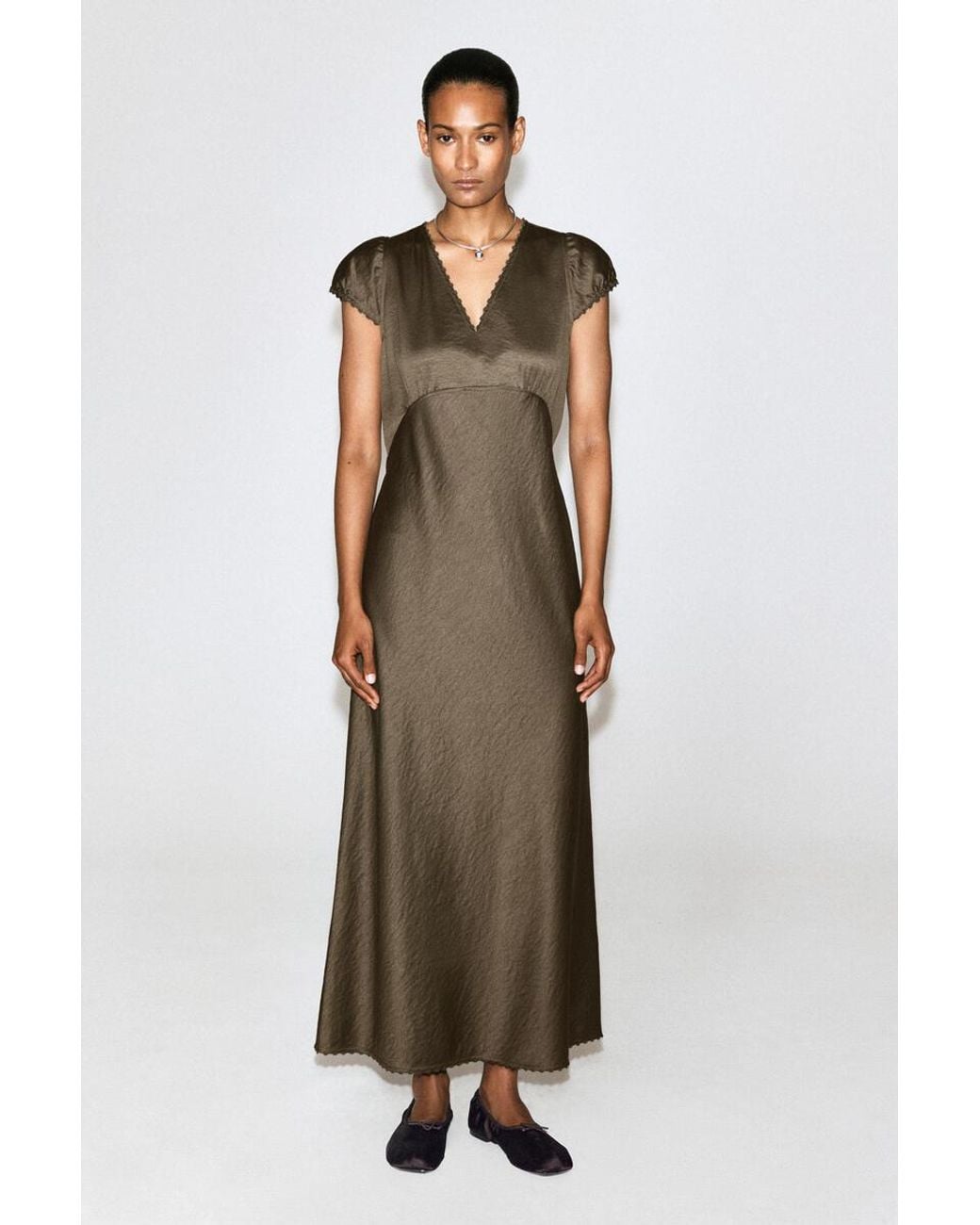 COS Green Embroidered Satin Midi Dress