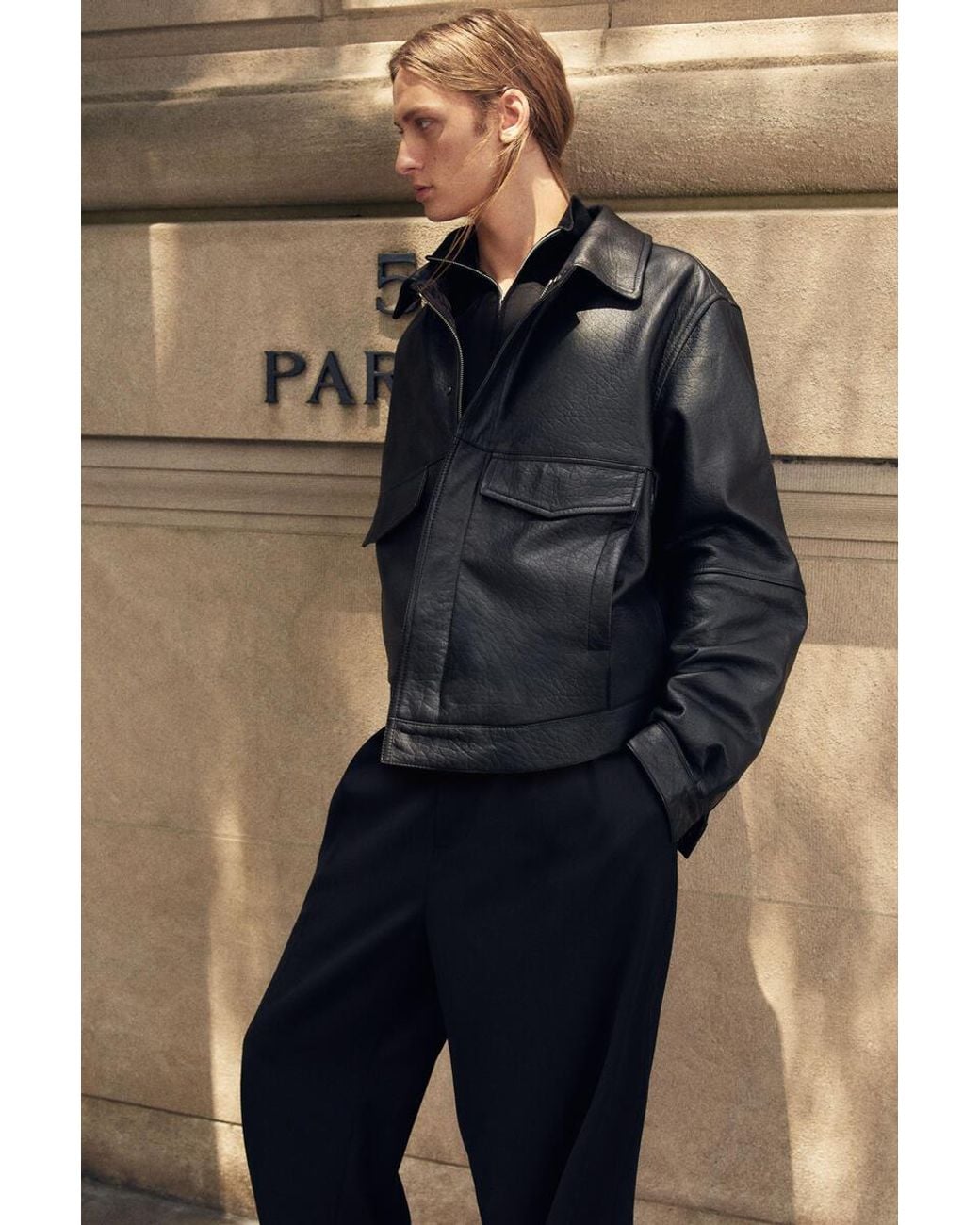 COS Black Leather Flight Jacket for men