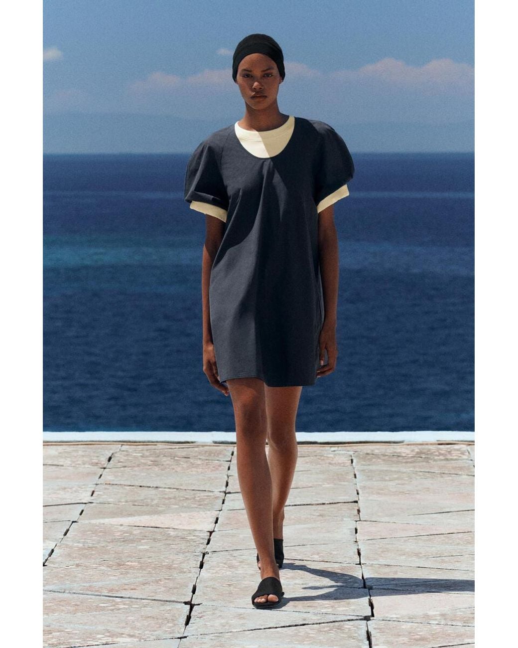 COS Blue Puff-Sleeve Cotton Mini Dress